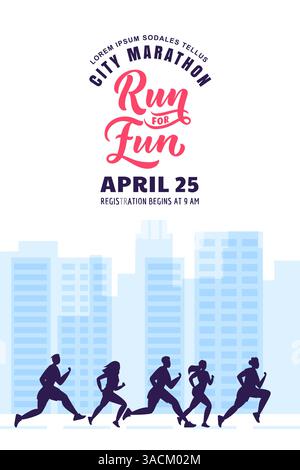 Design-Vorlage für Poster für Bannerwerbung im Frühling Sommer. Silhouette laufender Menschen auf dem Hintergrund von Häusern im Stadtbild. Vector Flat Cartoon Illustrati Stock Vektor