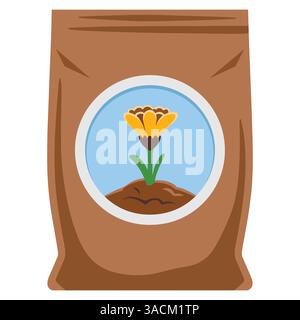 Düngemittelbeutel flache Symbol Vektor-Illustration. Einfaches Sackdesign mit einem Pflanzensymbol, das landwirtschaftliche Nährstoffe und Gartenbedarf darstellt. Isol Stock Vektor