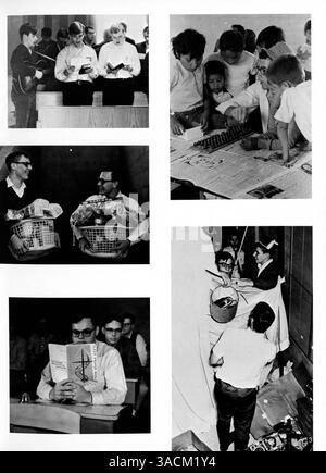 Das Jahrbuch der Benilde High School von 1965-1966 zeigt die Teilnahme der Schüler an sportlichen und außerschulischen Aktivitäten sowie wichtige akademische Veranstaltungen. Stockfoto