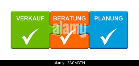 Isolierte dreiteilige Puzzletaste mit Häkchen zeigt Verkauf, Beratung und Planung an Stockfoto