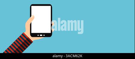 Handheld-Smartphone mit leerem Display – flaches Design-Banner mit blauem Hintergrund Stockfoto