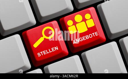 Rote Tastatur mit Symbolen zeigt Online-Stellenangebote an Stockfoto