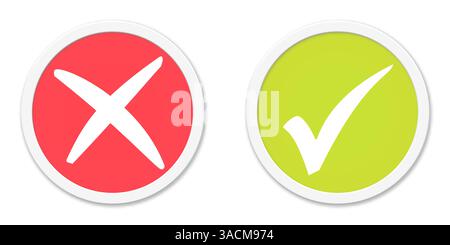 Runder grüner und roter Knopf mit weißem Rand: Häkchen und Häkchen Stockfoto