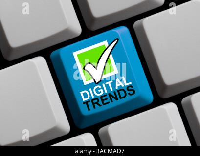 Blaue Computertastatur mit Häkchen zeigt digitale Trends an Stockfoto