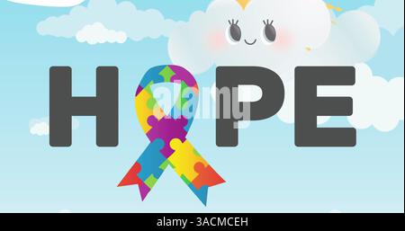 Bild von bunten Puzzleteilen, die ein Band bilden und Text über dem Himmel hoffen Stockfoto