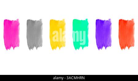 Sammlung von 6 farbigen Streifen Aquarell bemalt mit einem Pinsel auf weißem Hintergrund Stockfoto