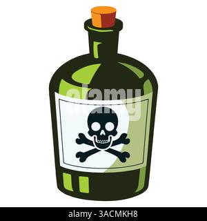 Giftflasche mit Schädeletikett. Glasflasche mit Korkstopfen, gefüllt mit grüner Flüssigkeit. Ein Schild mit Schädel und Knochen warnt vor Gefahr. Vektorillust Stock Vektor
