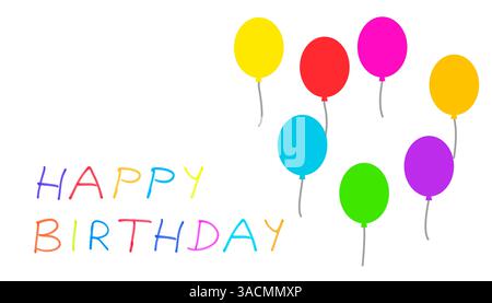 Geburtstagskarte mit bunten Ballons und der Aufschrift Happy Birthday Stockfoto
