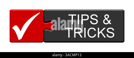 Die isolierte zweiteilige Puzzletaste mit Symbol zeigt Tipps und Tricks an Stockfoto