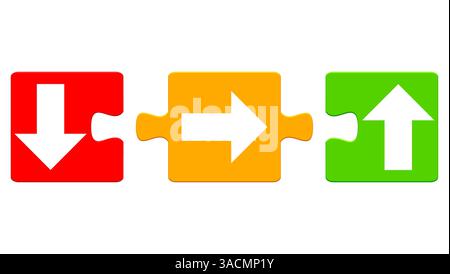 Drei Puzzleteile in rot-orange und grün zeigen Pfeile nach unten seitlich Stockfoto