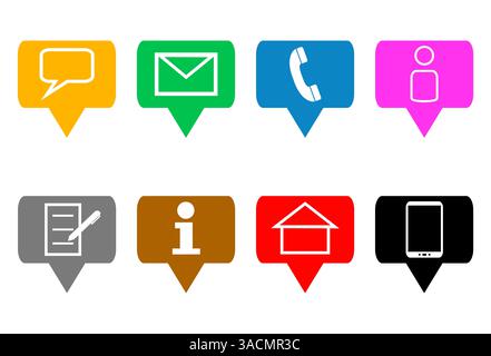 Acht farbige Kontaktsymbole auf Sprechblasen für Website Stockfoto