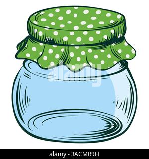 Glasbehälter mit grünem Stoffdeckel, perfekt für Hauskonserven und Milchprodukte. Vektorillustration, die Sauerrahm, Konfitüren oder Gewürze darstellt. Stock Vektor