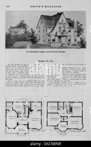 Keith's Magazine, das erstmals 1904 veröffentlicht wurde, zeigt Hausentwürfe, Architekturillustrationen, Grundrisse und Baukosten. Das Magazin wurde von Walter J. Keith und Max L. Keith veröffentlicht und enthält Artikel über Wohnmöbel, Landschaftsgestaltung und Werbung für Baumaterialien. Einige Ausgaben enthalten Pläne für Schulen und Kirchen. Vol. 11 Nr. 4 fehlen die Seiten 209, 210, 215 und 216. Stockfoto