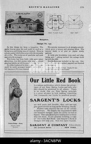 Keith’s Magazine, das erstmals 1904 erschien, enthält zwölf monatliche Ausgaben mit Grundrissen, Fotografien und Illustrationen von Häusern in verschiedenen Architekturstilen. Die Artikel decken die Baukosten, die Innenarchitektur und die Landschaftsgestaltung ab. Die Publikation enthält auch Werbung für Baumaterialien, Wohnmöbel und Accessoires. Einige Ausgaben bieten Pläne für Kirchen und Schulen. Vol. 11 Nr. 4 fehlen die Seiten 209, 210, 215 und 216. Stockfoto