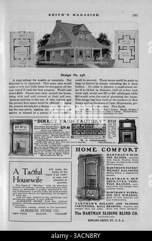 Keith's Magazine, das erstmals 1904 veröffentlicht wurde, enthält zwölf Ausgaben, die Hausentwürfe, Fotografien, Grundrisse und Artikel über Wohnbau, Inneneinrichtung und Landschaftsgestaltung enthalten. Es enthält detaillierte Kostenaufgliederungen und Pläne für verschiedene Gebäude, einschließlich Häuser, Kirchen und Schulen. Vol. 11 Nr. 4 fehlen mehrere Seiten: 209, 210, 215 und 216. Stockfoto
