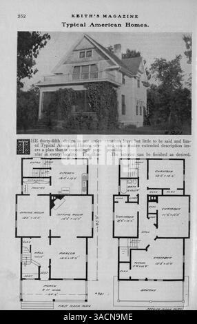 Keith's Magazine, eine monatliche Publikation aus dem Jahr 1904, bietet Hausentwürfe und Baukosten mit Artikeln über Wohnbau, Inneneinrichtung und Landschaftsgestaltung. Das Magazin enthält Werbung für Wohnmöbel, Accessoires und Baumaterialien. Einige Ausgaben enthalten Pläne für Schulen und Kirchen. Vol. 11 Nr. 4 fehlen die Seiten 209-216. Stockfoto
