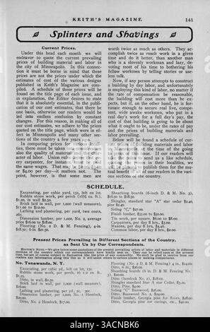 Eine monatliche Publikation aus dem Jahr 1904, Keith's Magazine, enthält detaillierte Hausentwürfe, Grundrisse und damit verbundene Baukosten. Es umfasst architektonische Stile, Baumaterialien und Wohnkultur sowie Landschaftsdesign. Zu den Themen gehören Pläne für Kirchen und Schulen. Das Magazin wirbt auch für Wohnmöbel und -Materialien. Stockfoto