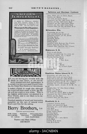 Das monatlich von Walter J. Keith und Max L. Keith veröffentlichte Magazin bietet Entwürfe, Grundrisse und Details zu den Baukosten. Das Magazin enthält Artikel über Wohnbau, Innenarchitektur, Landschaftsarchitektur und Werbung für Möbel und Materialien. Zu den Themen gehören Kirchen- und Schulentwürfe. Fehlende Seiten werden aufgezeichnet. Stockfoto