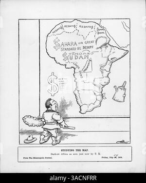 Ein Cartoon der Minneapolis Tribune zeigt Roosevelt, wie er eine Karte Afrikas untersucht, die humorvoll mit dem Titel „Darkest Africa as seen just Now by T.R.“ bezeichnet wird. Er steht im Zusammenhang mit seinem Aufruf, einen Fall gegen Standard Oil vor den Obersten Gerichtshof zu bringen, nachdem ein schuldhaftes Urteil über Rabatte aufgehoben wurde. Stockfoto
