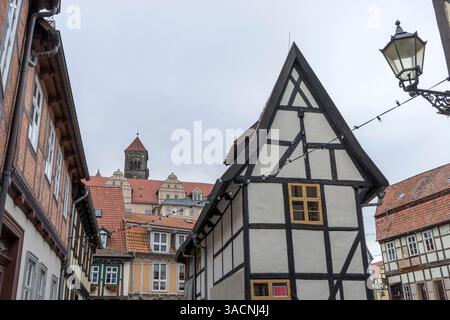 Fachwerkhäuser in Finkenherd in Quedlinburg, Sachsen-Anhalt, Deutschland, Stockfoto