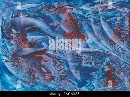 Abstract encaustic painting with structures in blue and red - painted with a painting iron Stockfoto
