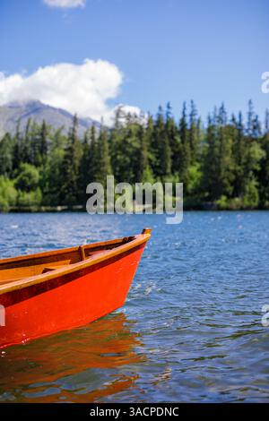 Ruhiges Boot schwimmend ruhiger See, umgeben von Kiefern, reflektieren auf ruhigem Wasser klaren Himmel friedliche Einsamkeit, idyllische Sommertourismuslandschaft Stockfoto
