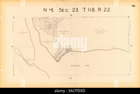 Dieser atlas enthält detaillierte Karten der Dörfer Medicine Lake und Plymouth im Hennepin County mit Grundbesitz, Streckenabschnitten, Eisenbahnstrecken und einer Indexkarte zu Landanbauten. Stockfoto