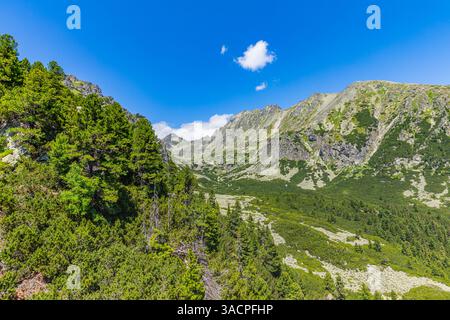 Early morning in High Tatras mountains, Slovakia. An amazing view of high rocky peaks surrounded by clouds during golden hour. Sunrise over High Tatra Stockfoto