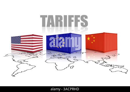 Handelsbehälter aus US-, EU- und China-Flaggen auf einer Weltkarte. China, Europa Union und Vereinigte Staaten von Amerika Handel, Zölle und Zölle Krieg Stockfoto