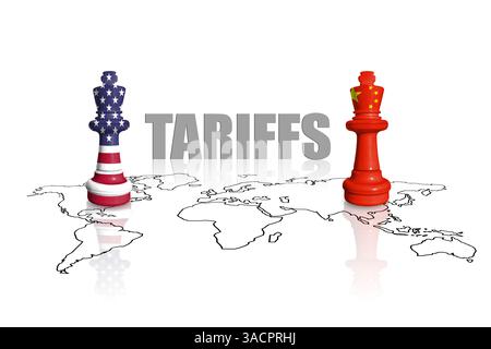 Schach aus USA- und China-Flaggen auf einer Weltkarte. China und die Vereinigten Staaten von Amerika Handel, Zölle und Zölle Krieg Stockfoto