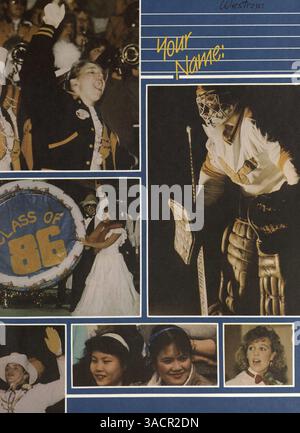 Dieses Jahrbuch der Kennedy High School 1986 zeigt Schüler- und Lehrerprofile, sportliche Veranstaltungen, Clubaktivitäten und Highlights aus dem Schuljahr 1985-1986. Stockfoto