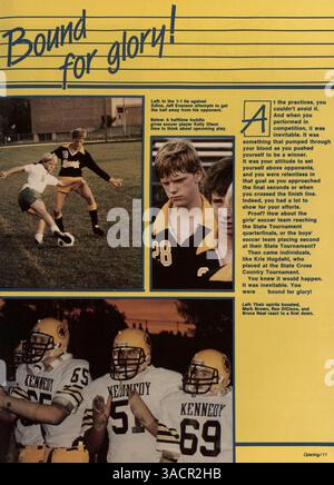 Das Jahrbuch 1986 der Kennedy High dokumentiert die Aktivitäten, Erfolge und Menschen aus dem Schuljahr 1985-1986, darunter Schüler- und Lehrerprofile, sportliche Highlights und Schulveranstaltungen. Stockfoto