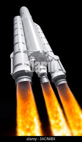 Modell einer Ariane-Rakete mit Feuerrückschlag auf schwarzem Rücken Stockfoto