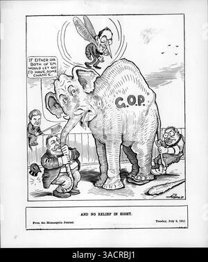 Dieser politische Zeichentrick zeigt Präsident Taft, der am Kofferraum eines republikanischen Elefanten zieht, während Theodore Roosevelt am Schwanz zieht. Woodrow Wilson, dargestellt als Mücke, bereitet sich darauf vor, auf dem Rücken des Elefanten zu landen, was die politischen Spannungen der Epoche hervorhebt. Stockfoto