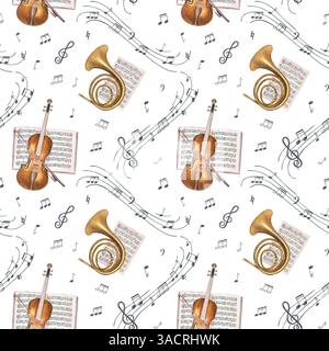 Aquarellvioline mit Bogen, Horn, offenem Notizbuch und Musiknoten auf schwarzem Stab nahtloses Muster isolierter Hintergrund Fliegende Sound-Symbol Stockfoto