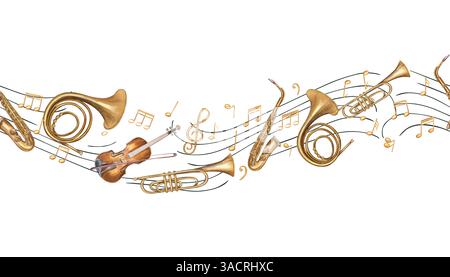 Aquarellmusikinstrumente, die auf dem Musikstab zwischen den Noten schweben horizontales nahtloses Banner isolierter Hintergrund. Horn, Violine Stockfoto