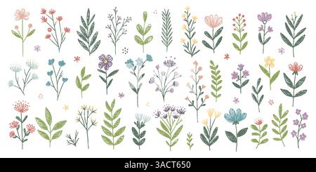 Botanische Illustration des Frühlingskreides mit handgezeichneten Wildblumen und Blättern in Pastelltönen. Florales Set im Doodle-Stil mit strukturiertem Pinselstiel Stock Vektor