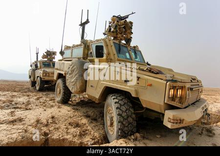 Szene, in der militärische gepanzerte Fahrzeuge durch trockenes Wüstengelände navigieren und Stärke, Schutz und Einsatzbereitschaft demonstrieren. Stockfoto