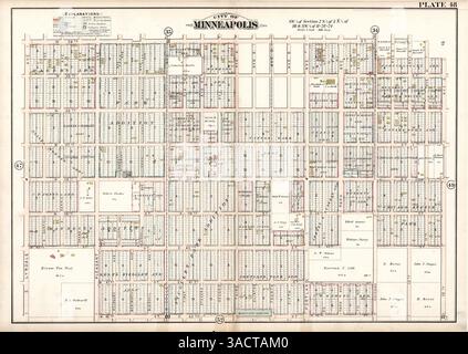 Der atlas bietet detaillierte Vermessungen und Plats von Grundstücken in Minneapolis, einschließlich Streckenabschnitten, Eisenbahnen, Straßenbahnen, Friedhöfen, Parks, Gebäude nach Bauart und ein Index für Hinzufügungen und Unterteilungen, alle aus offiziellen Aufzeichnungen zusammengestellt. Stockfoto