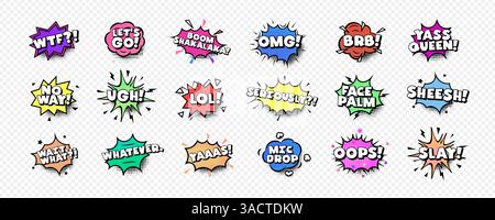Comic-Sprechblasen mit trendigen Phrasen wie OMG, WTF, LOL, SLAY, YAAAS, weckt Humor, Popkultur, Spaß. Ideal für Memes, Aufkleber, Pop Art Stock Vektor