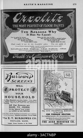 Keith's Magazine, eine monatliche Publikation aus dem Jahr 1903, zeigt Hausentwürfe, Baupläne, Grundrisse, Baukosten, und Artikel zum Wohnungsbau. Dazu gehören Fotografien, Landschaftsgestaltung und Werbung. Bei einigen Problemen fehlen Seiten. Stockfoto