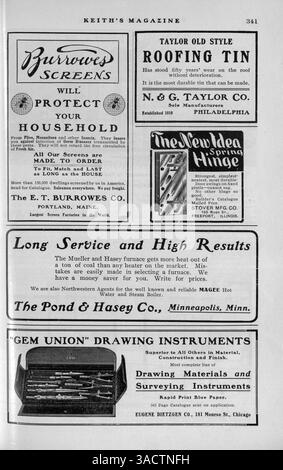 Keith’s Magazine, eine monatliche Publikation aus dem Jahr 1903, lieferte Hausentwürfe, detaillierte Grundrisse und Kostenschätzungen für Bauprojekte. Es enthielt auch Artikel über Inneneinrichtung, Landschaftsarchitektur und Baumaterialien. Bei einigen Volumes fehlen Seiten. Stockfoto