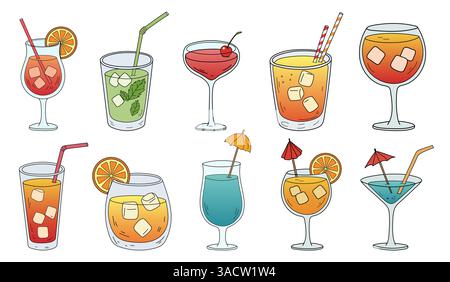 Handgezeichnete Cocktailsymbole setzen einen bearbeitbaren Strich. Cocktails alkoholische Hand gezeichnet Gravur Vektor Illustration. Isolierter, schwarz-weißer dr Stock Vektor