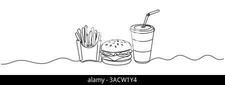 Burger, Limonade und Pommes Frites zum Mitnehmen in durchgehender Linienkunst. Minimalistische schwarze lineare Fast-Food-Skizze isoliert auf weißem Hintergrund Stock Vektor