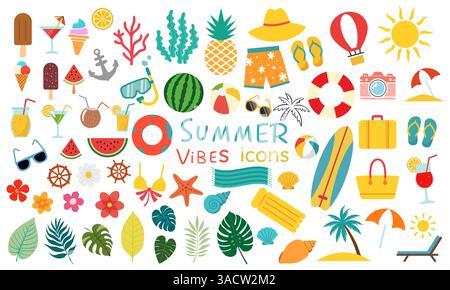 Sommer-Vibe-Symbol-Set. Set von niedlichen Vektor-Illustrationen: Logo, Wassermelone, Resort, Badeanzug, Sonnenbrille, Sonne, Seesterne, Lenkrad, Ananasregen Stock Vektor