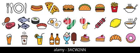 Symbole für Lebensmittel eingestellt. Burger, schnelle Snacks, Sandwich, Pommes frites, Hot Dog, mexikanischer Burrito, Pizza-Vektor-Illustrationen. Dünne Schilder für die Speisekarte im Restaurant Stock Vektor