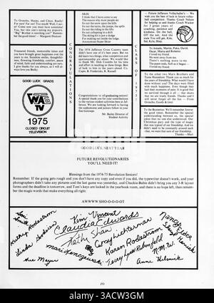 Das Jahrbuch „Revolution 75“ von 1975 spiegelt das Leben der Jefferson High wider, einschließlich Schüleraktivitäten, Lehrveranstaltungen, sportlichen Veranstaltungen und bedeutenden Schulmomenten aus dem Jahr 1974-1975. Stockfoto