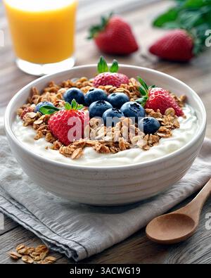 Gesunde Frühstücksschale mit Joghurt, Müsli, Erdbeeren und Heidelbeeren Stockfoto