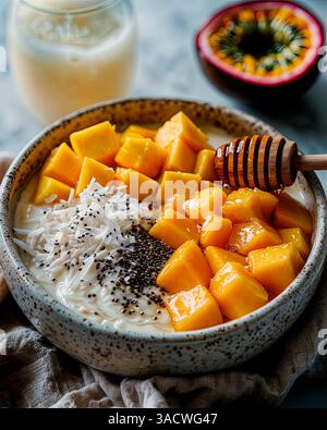 Gesunde Mango-Frühstücksschale mit Kokos, Chia-Samen und Passionsfrucht Stockfoto
