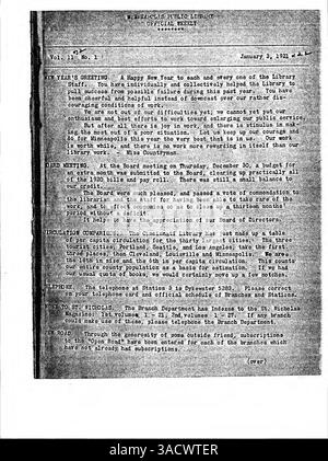 Das Minneapolis Public Library Official Bulletin von 1921 war eine wöchentliche Publikation, die für die Mitarbeiter der Minneapolis Public Library entworfen wurde. Stockfoto
